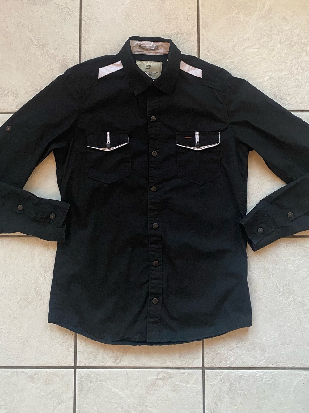 Scotch & Soda Mens Black Western Shirt Size Medium Contrast Trim Pockets 20x28.5